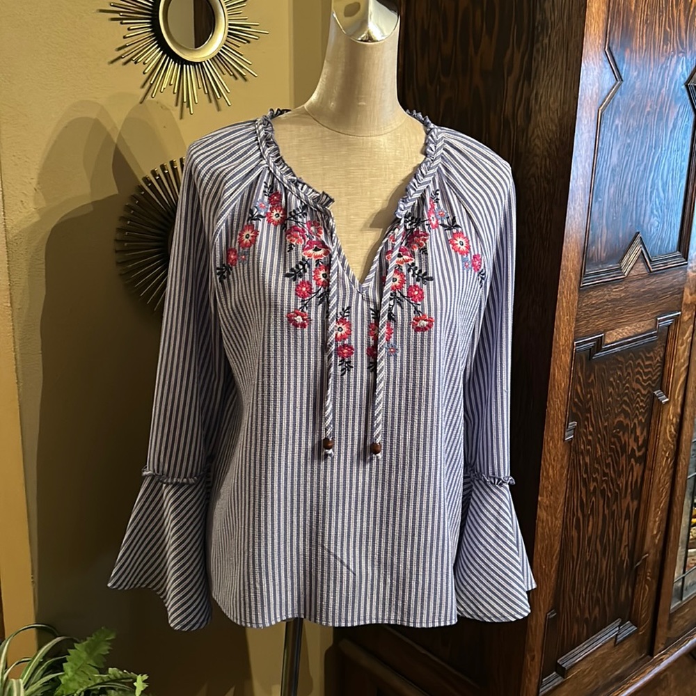 Peasant Top Striped Flowers Size S